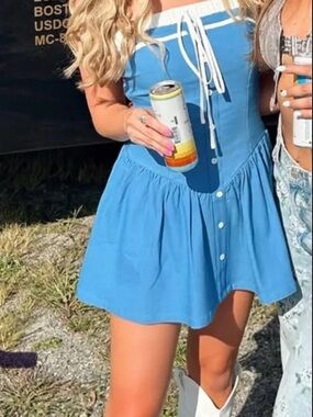 Blue Off-Shoulder Mini Dress with Button Front